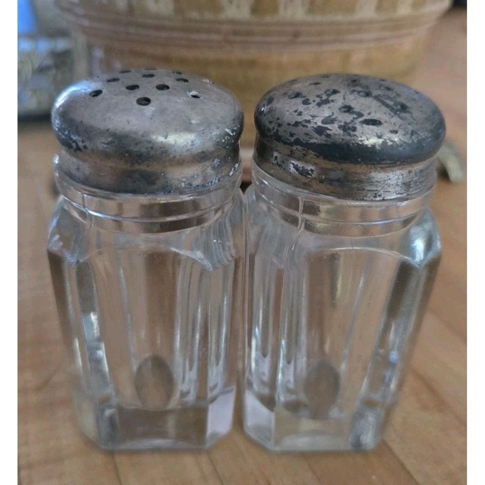 VTG Paneled Glass Salt and Pepper Shakers with Patina Metal Lids Set of 2